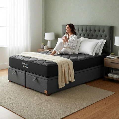 Cama Baul super King / Colchon black prime + Respaldo CAPITONNE TACHAS