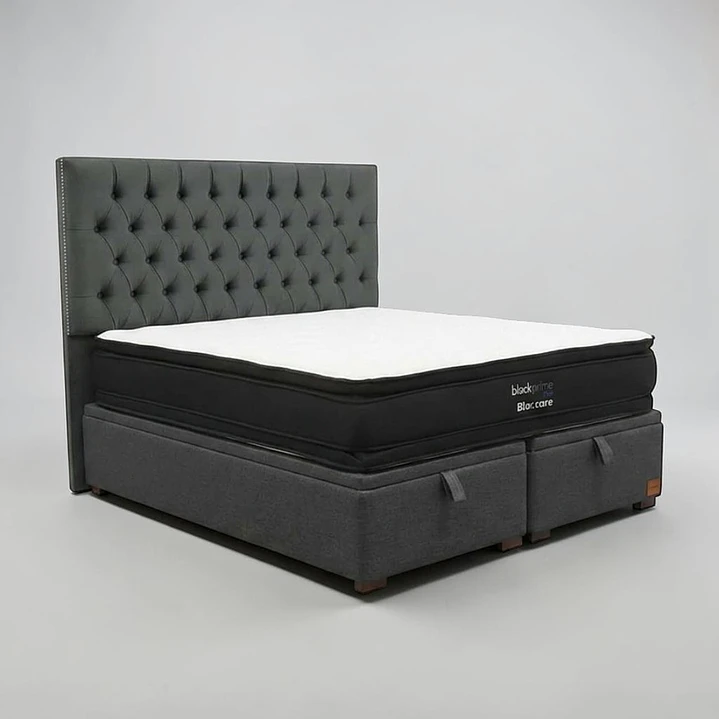 Cama Baul super King / Colchon black prime + Respaldo CAPITONNE TACHAS 12