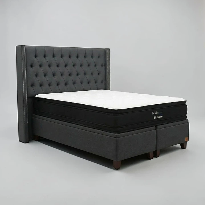 Cama Baul super King / Colchon black prime + Respaldo CAPITONNE TACHAS 19