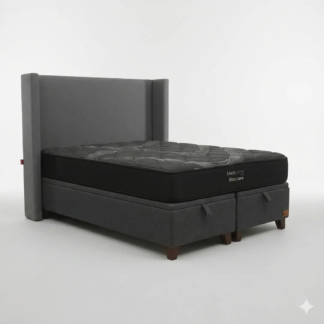 Cama Baul 2 Plazas / Colchon black prime + Respaldo LISO Removible y Lavable 13