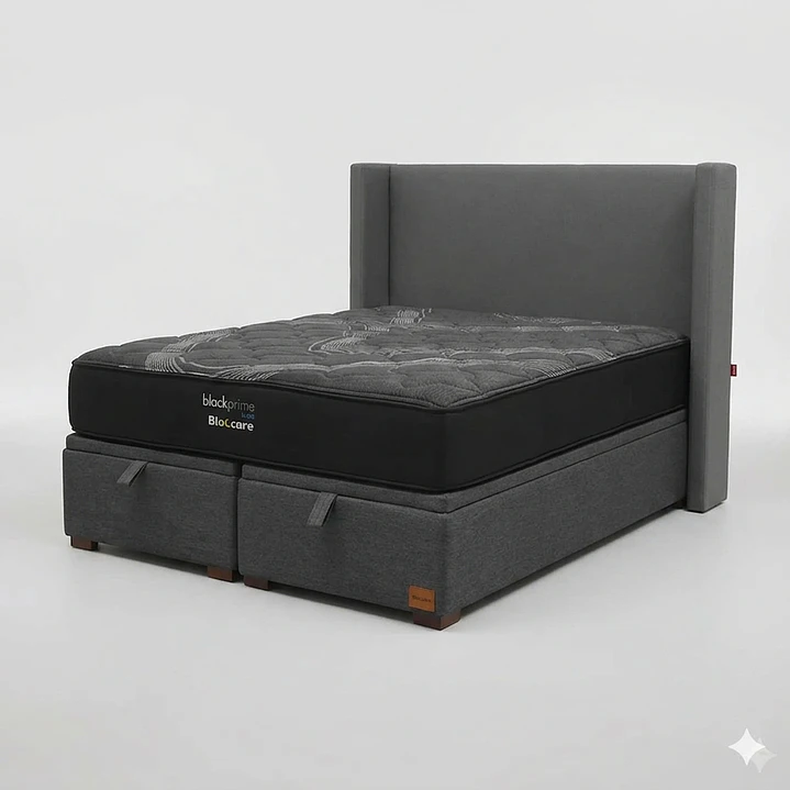 Cama Baul 2 Plazas / Colchon black prime + Respaldo LISO Removible y Lavable 11