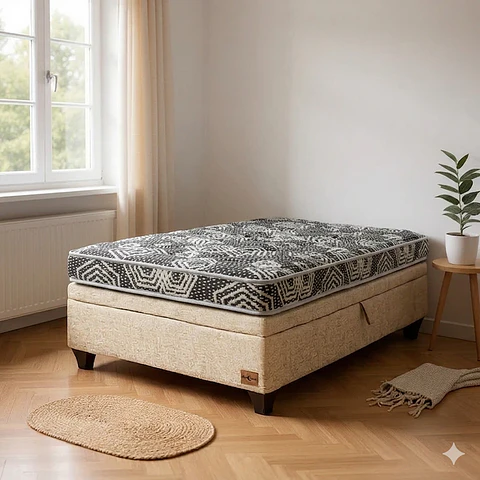 Cama Baul 1.5 Plaza + Colchon Modelo Ideal  / Con Patas De Madera (Beige)