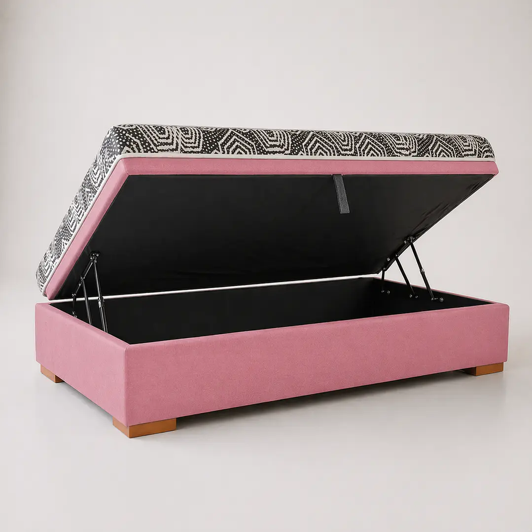 Cama Baul 1.5 Plaza + Colchon Modelo Ideal  / Con Patas De Madera (Rosa) 2