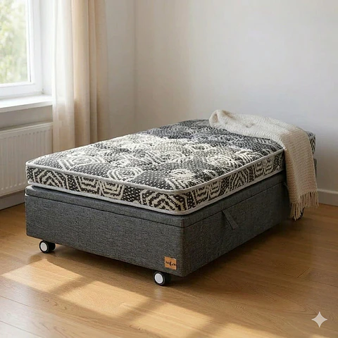 Cama Baul 1.5 Plaza + Colchon Modelo Ideal / Con Ruedas (Gris)