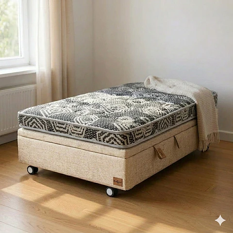 Cama Baul 1.5 Plaza + Colchon Modelo Ideal / Con Ruedas (beige)