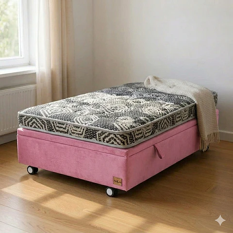 Cama Baul 1 Plaza + Colchon Modelo Ideal / Con Ruedas (Rosa)