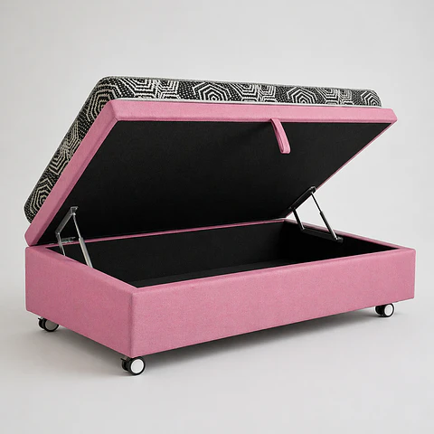 Cama Baul 1 Plaza + Colchon Modelo Ideal / Con Ruedas (Rosa)