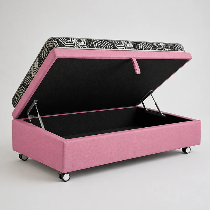 Cama Baul 1 Plaza + Colchon Modelo Ideal / Con Ruedas (Rosa) 2