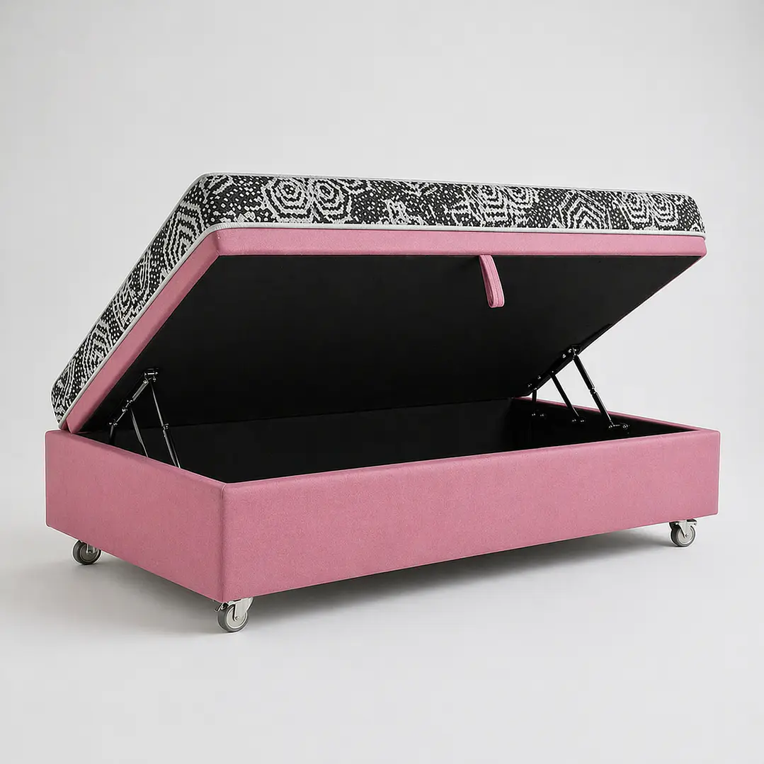 Cama Baul 1 Plaza + Colchon Modelo Ideal / Con Ruedas (Rosa) 4