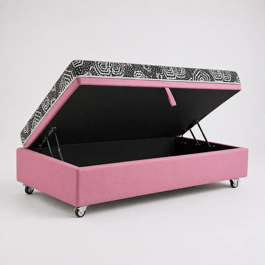Cama Baul 1 Plaza + Colchon Modelo Ideal / Con Ruedas (Rosa) 6