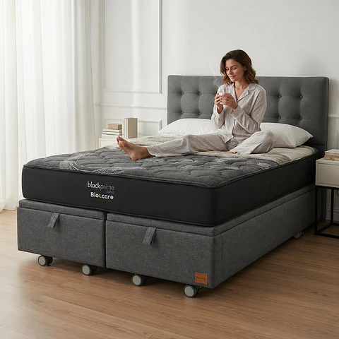 Cama Baul 2 Plazas - Colchon black prime + Respaldo BOTONNE PREMIUM / Ruedas