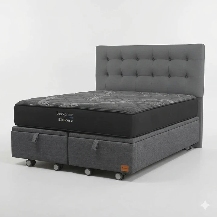 Cama Baul 2 Plazas - Colchon black prime + Respaldo BOTONNE PREMIUM / Ruedas 3
