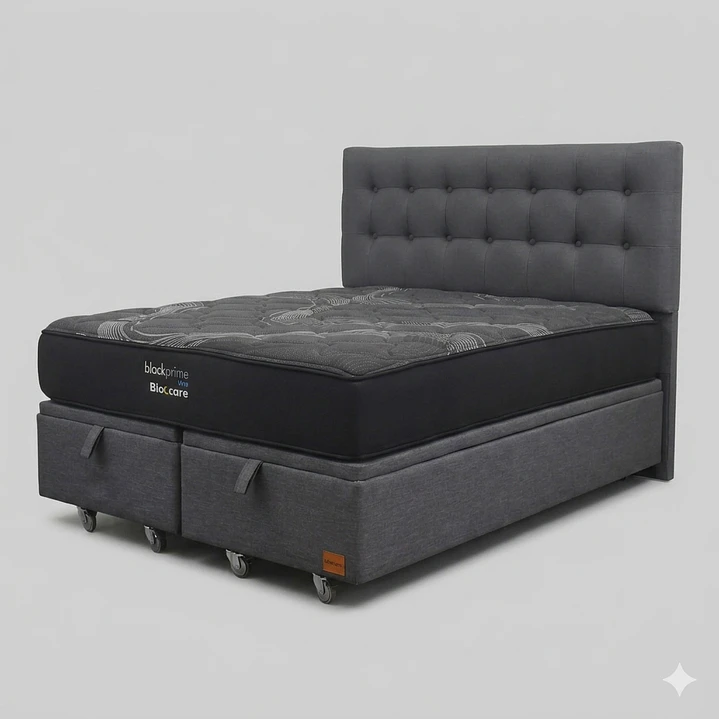 Cama Baul 2 Plazas - Colchon black prime + Respaldo BOTONNE PREMIUM / Ruedas 5