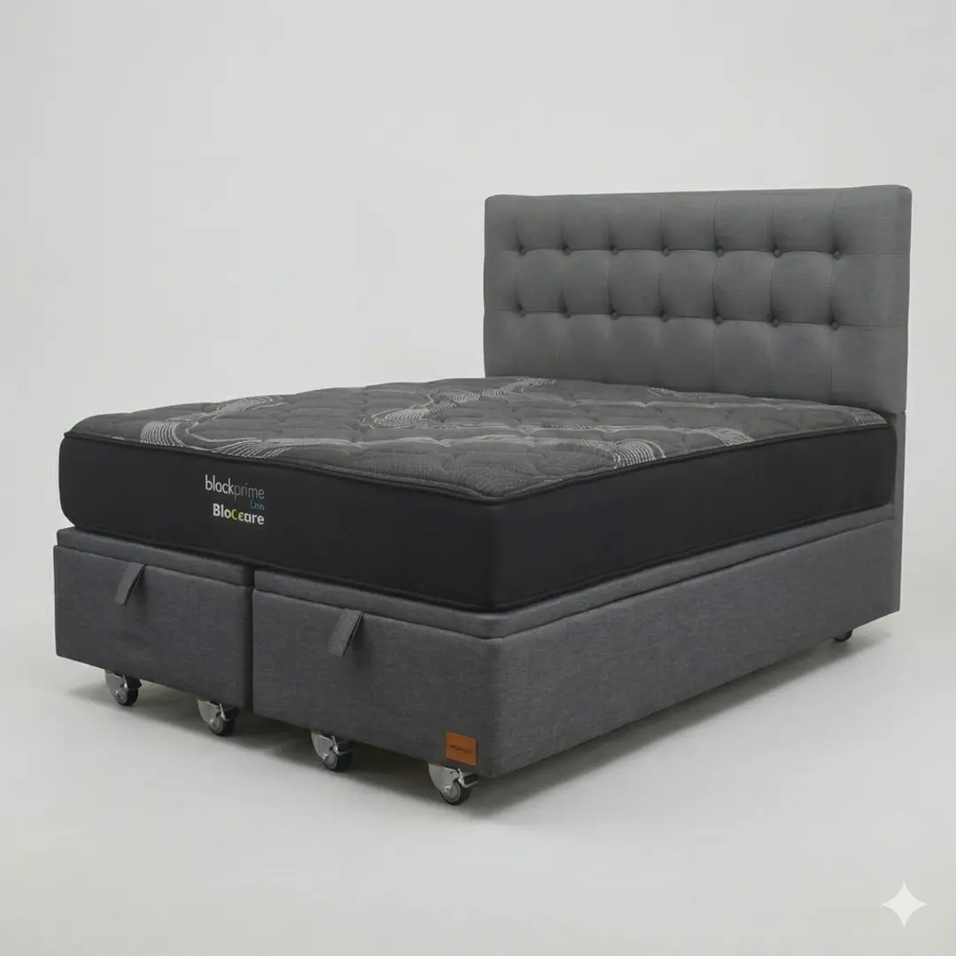 Cama Baul 2 Plazas - Colchon black prime + Respaldo BOTONNE PREMIUM / Ruedas 7