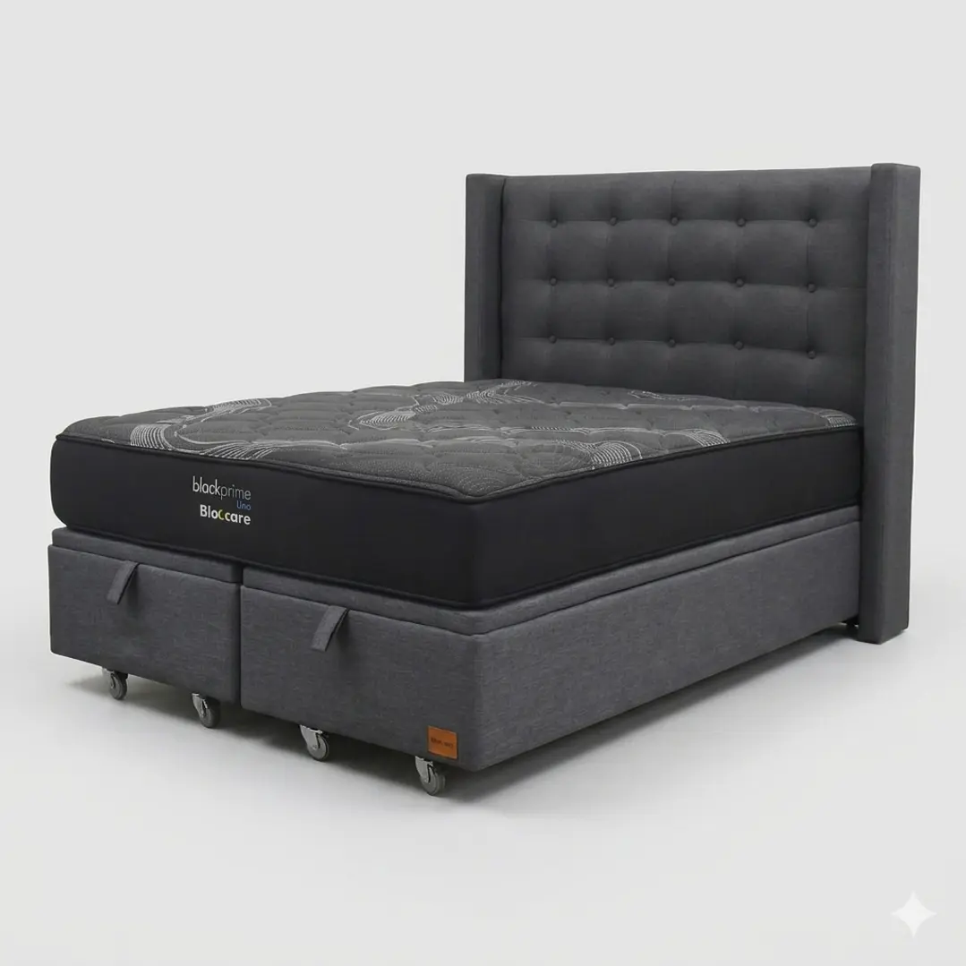 Cama Baul 2 Plazas - Colchon black prime + Respaldo BOTONNE PREMIUM / Ruedas 11