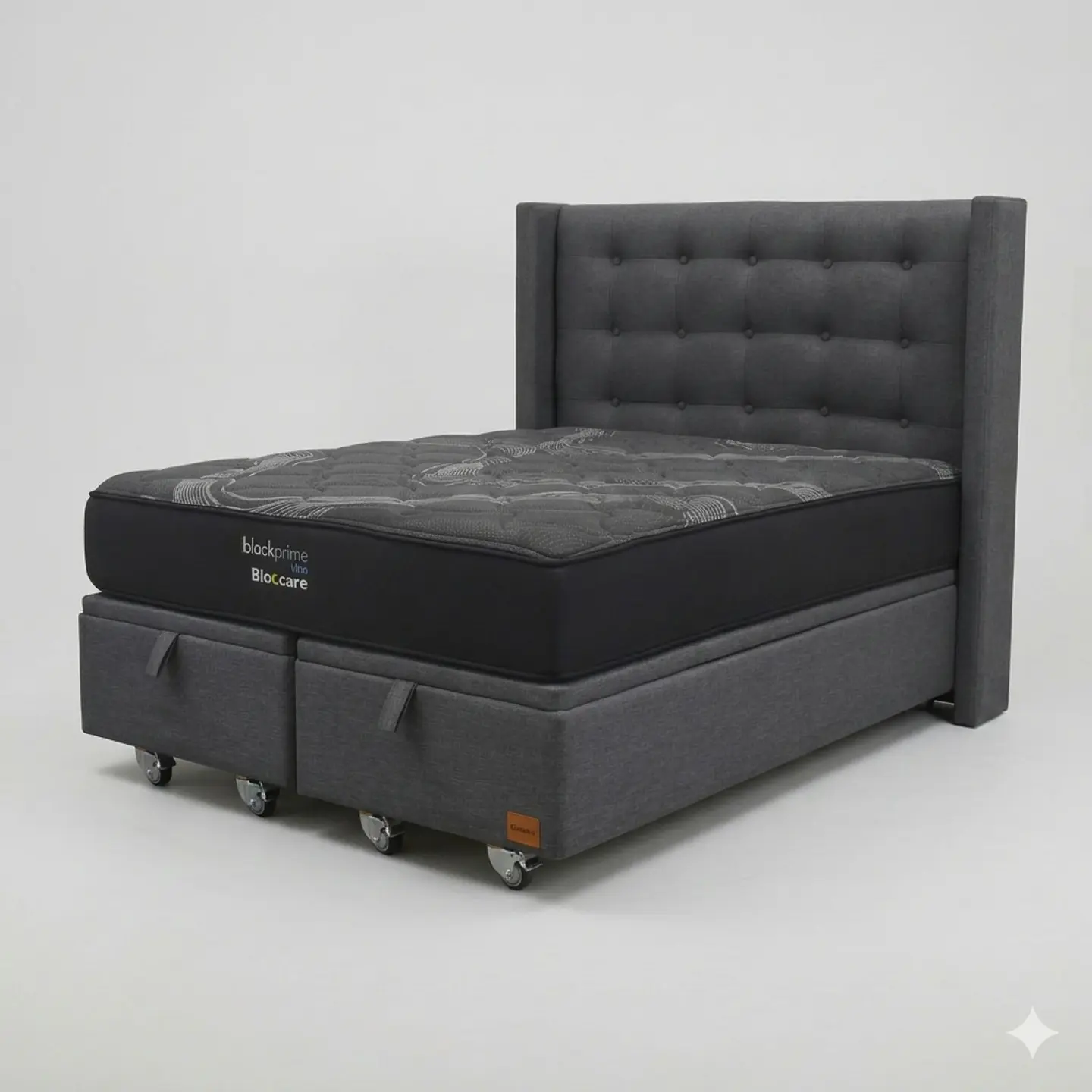 Cama Baul 2 Plazas - Colchon black prime + Respaldo BOTONNE PREMIUM / Ruedas 13