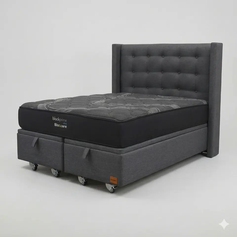 Cama Baul 2 Plazas - Colchon black prime + Respaldo BOTONNE PREMIUM / Ruedas 13