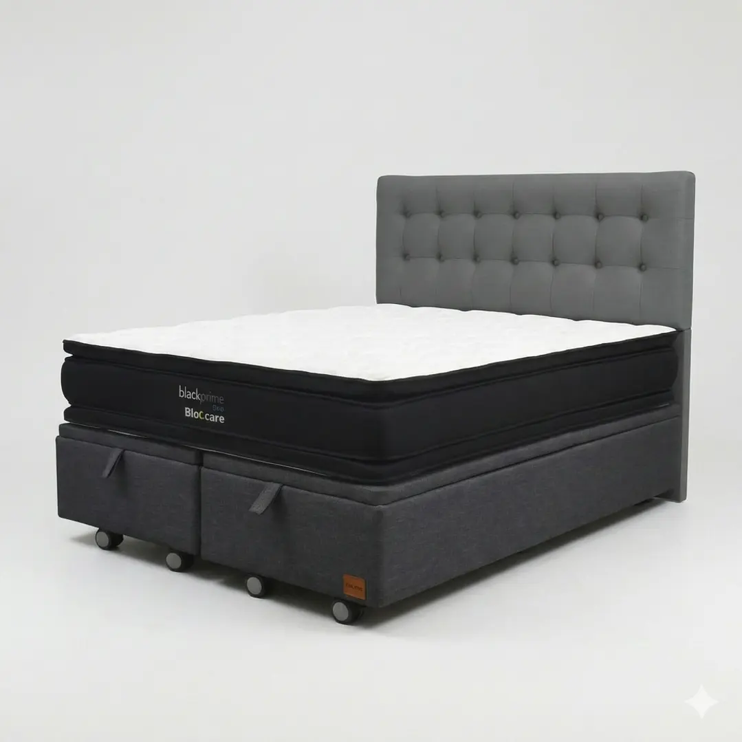 Cama Baul 2 Plazas - Colchon black prime + Respaldo BOTONNE PREMIUM / Ruedas 15