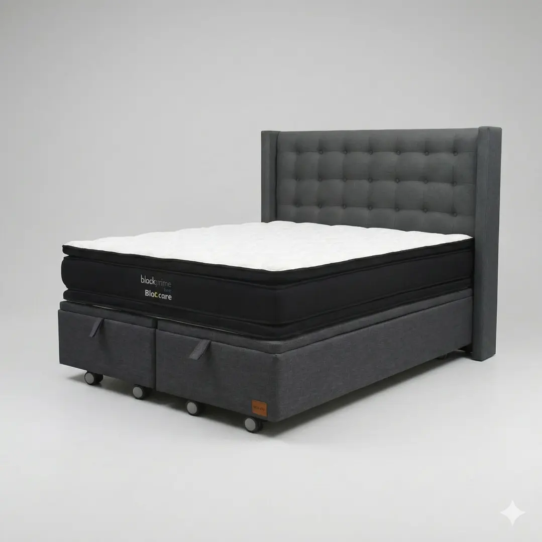 Cama Baul 2 Plazas - Colchon black prime + Respaldo BOTONNE PREMIUM / Ruedas 21