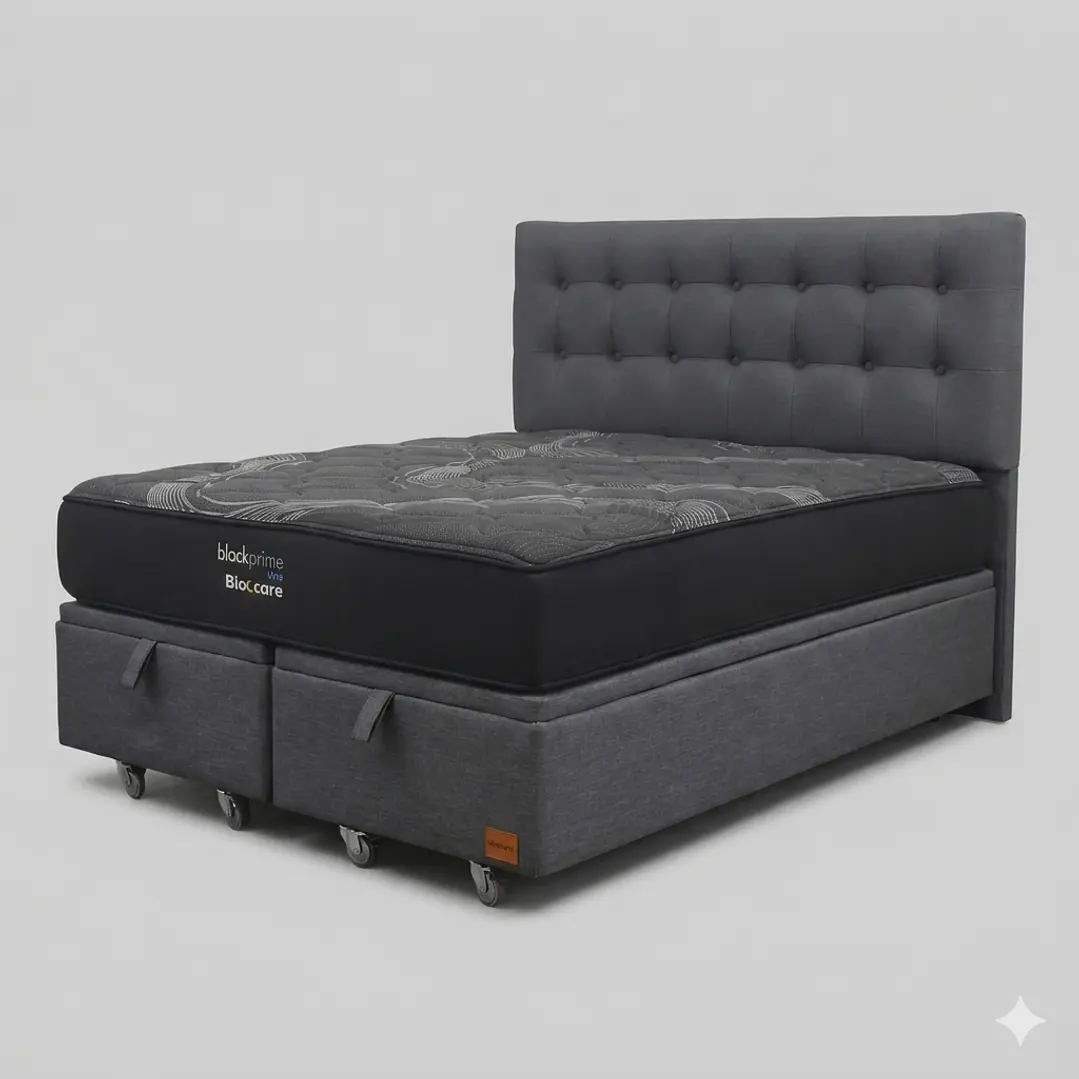 Cama Baul King - Colchon black prime + Respaldo BOTONNE PREMIUM / Ruedas 5