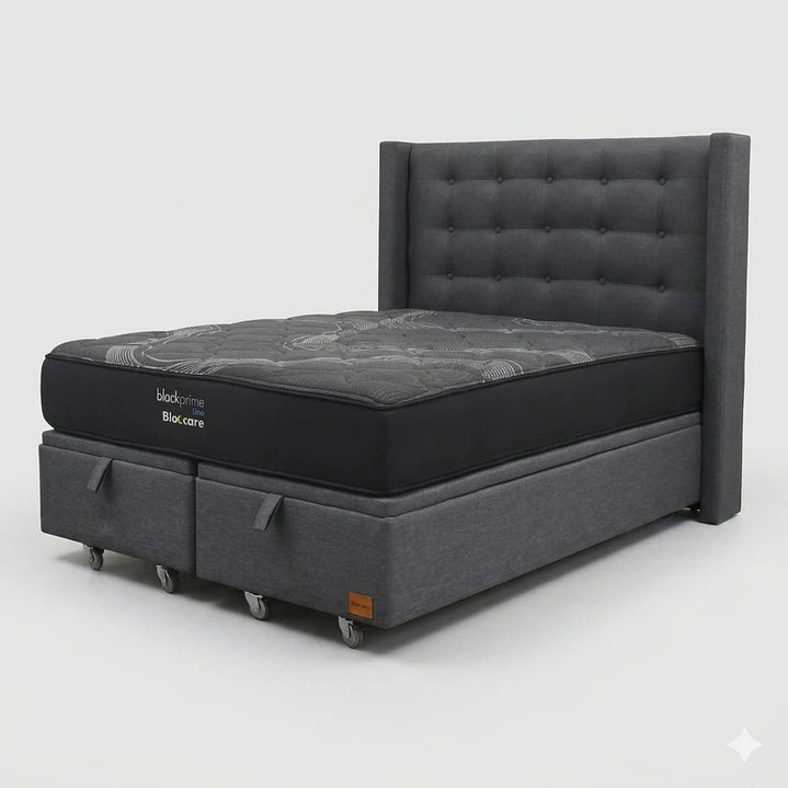 Cama Baul King - Colchon black prime + Respaldo BOTONNE PREMIUM / Ruedas 11