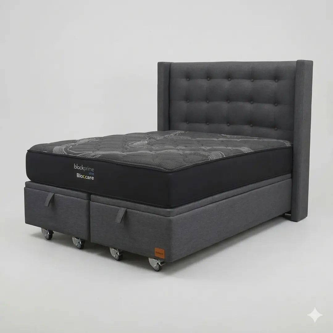 Cama Baul King - Colchon black prime + Respaldo BOTONNE PREMIUM / Ruedas 13