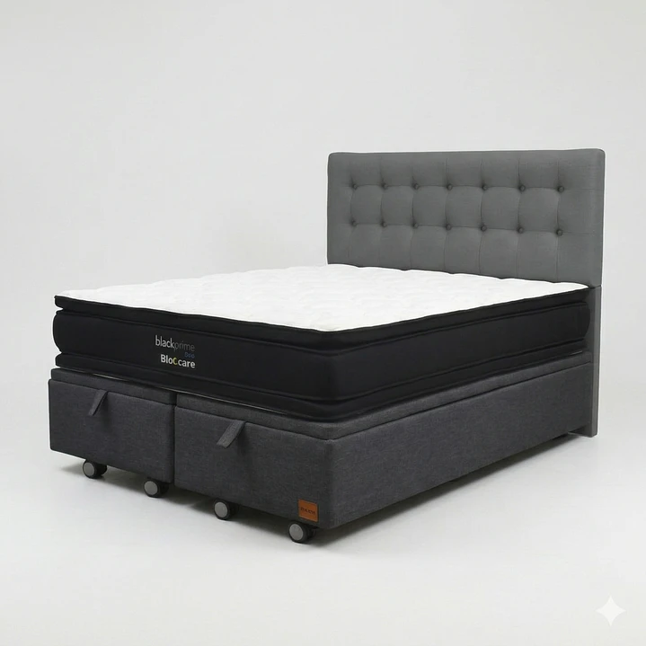 Cama Baul King - Colchon black prime + Respaldo BOTONNE PREMIUM / Ruedas 15