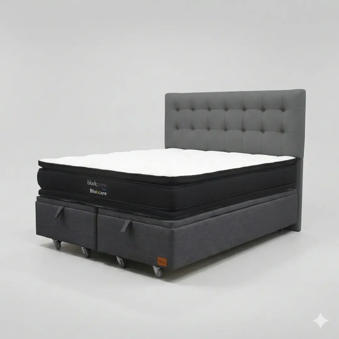 Cama Baul King - Colchon black prime + Respaldo BOTONNE PREMIUM / Ruedas 17