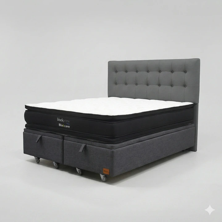 Cama Baul King - Colchon black prime + Respaldo BOTONNE PREMIUM / Ruedas 17
