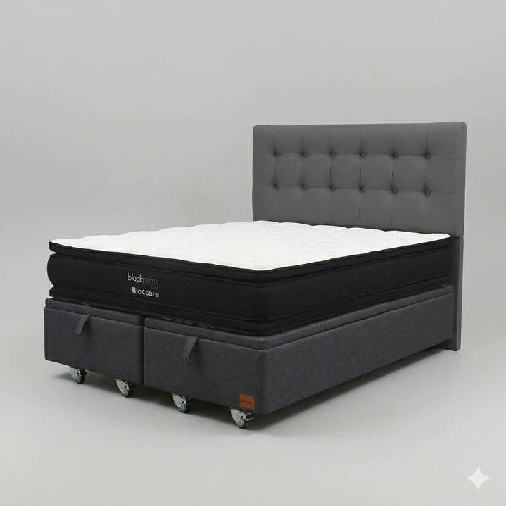 Cama Baul King - Colchon black prime + Respaldo BOTONNE PREMIUM / Ruedas 19