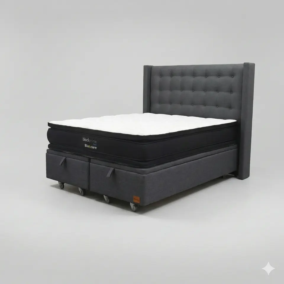 Cama Baul King - Colchon black prime + Respaldo BOTONNE PREMIUM / Ruedas 23