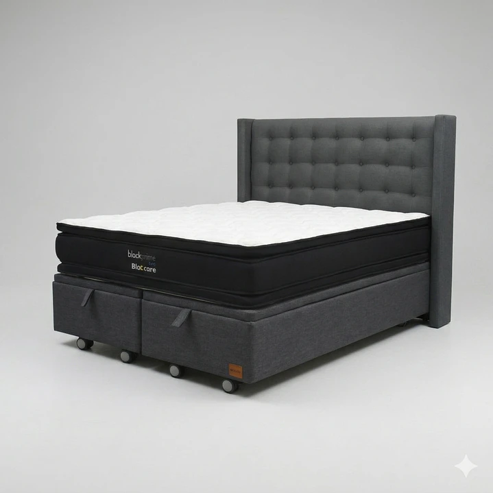 Cama Baul King - Colchon black prime + Respaldo BOTONNE PREMIUM / Ruedas 21