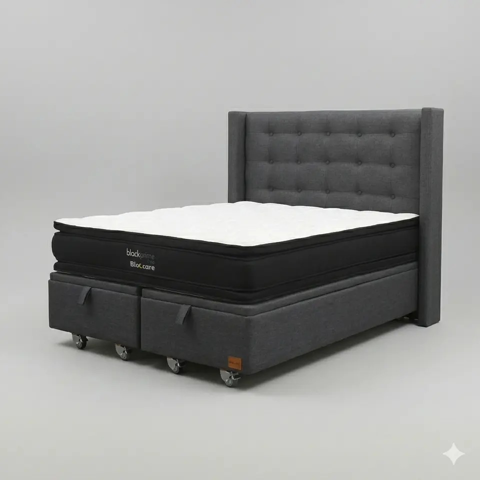 Cama Baul King - Colchon black prime + Respaldo BOTONNE PREMIUM / Ruedas 25