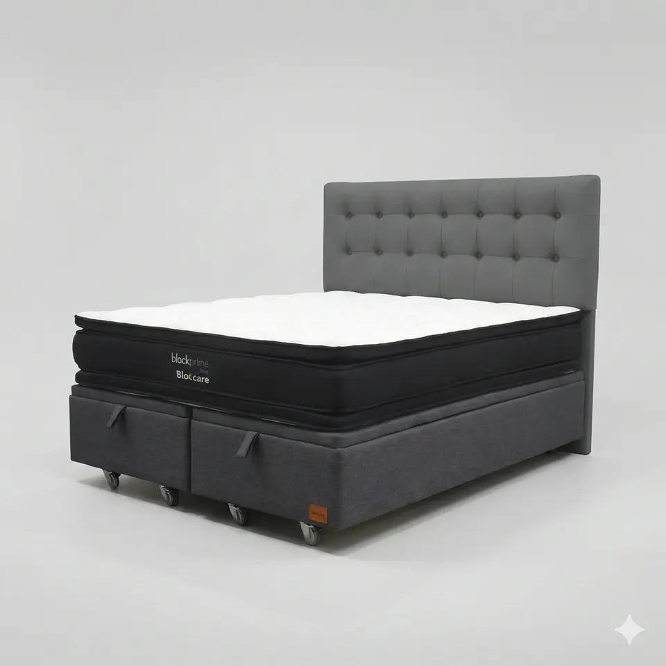 Cama Baul Super King - Colchon black prime + Respaldo BOTONNE PREMIUM / Ruedas 17