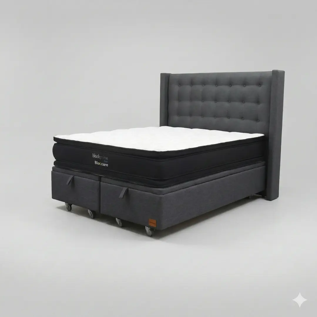 Cama Baul Super King - Colchon black prime + Respaldo BOTONNE PREMIUM / Ruedas 23