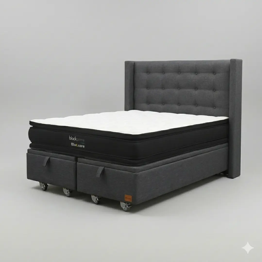 Cama Baul Super King - Colchon black prime + Respaldo BOTONNE PREMIUM / Ruedas 25