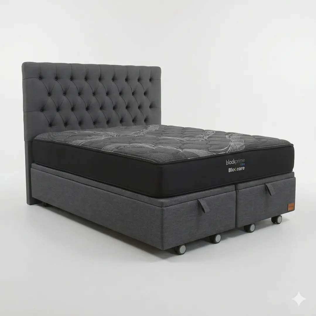 Cama Baul 2 Plazas - Colchon black prime + Respaldo CAPITONNE PREMIUM / Ruedas 3