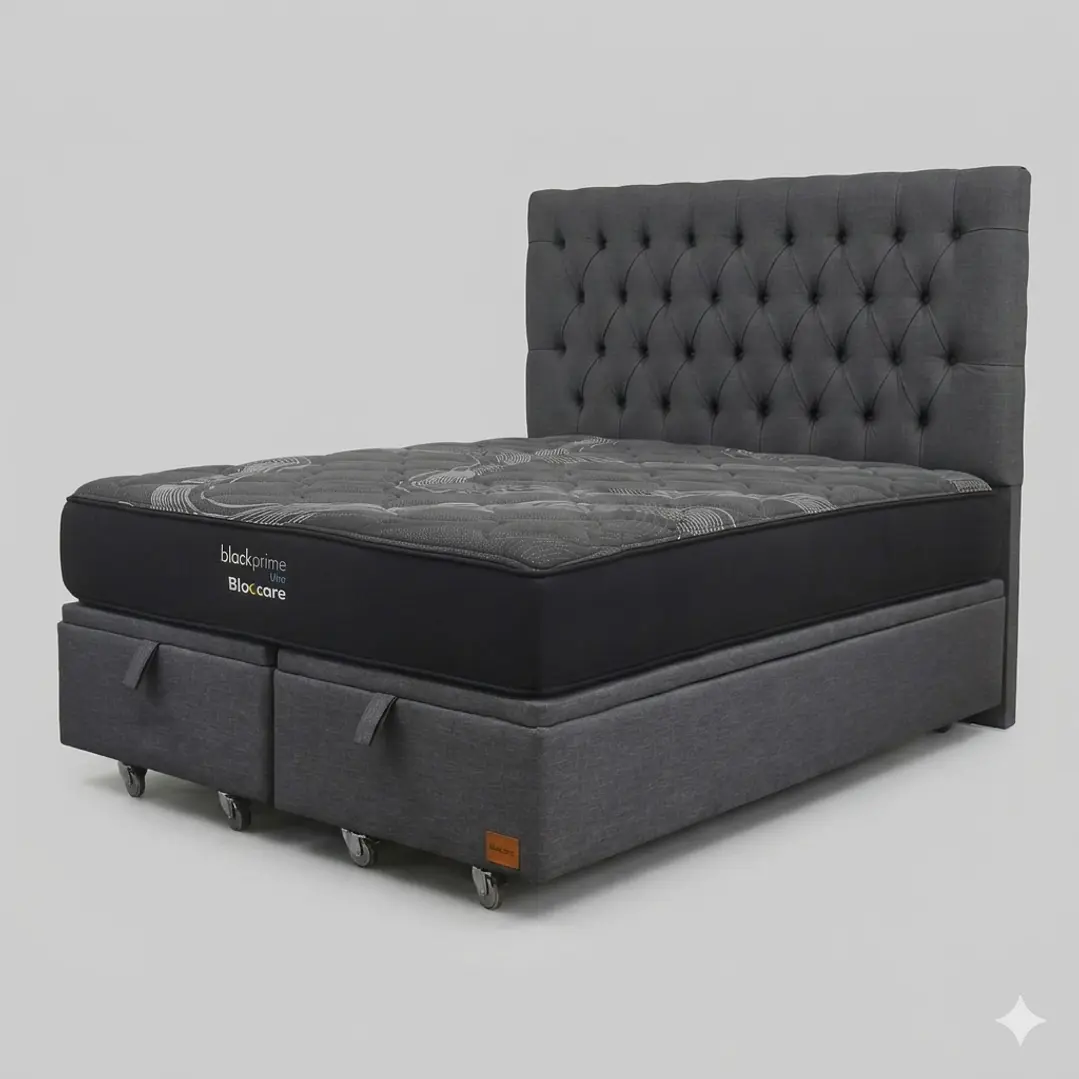 Cama Baul 2 Plazas - Colchon black prime + Respaldo CAPITONNE PREMIUM / Ruedas 5