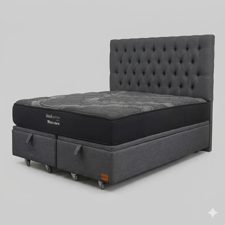 Cama Baul 2 Plazas - Colchon black prime + Respaldo CAPITONNE PREMIUM / Ruedas 5