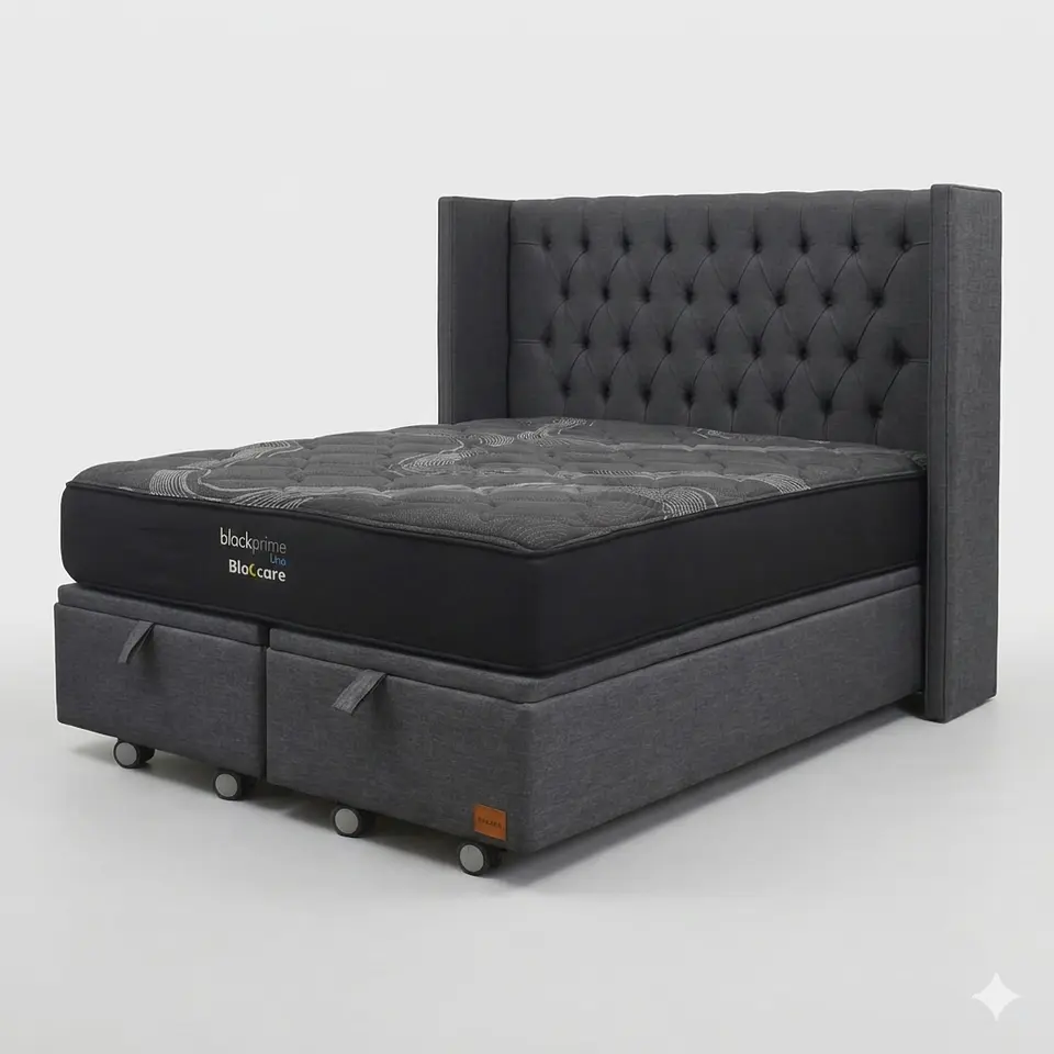 Cama Baul 2 Plazas - Colchon black prime + Respaldo CAPITONNE PREMIUM / Ruedas 9