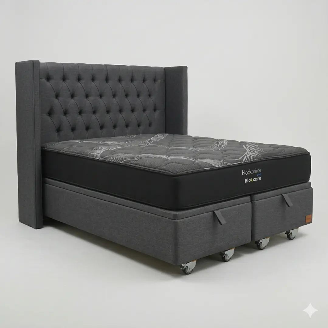 Cama Baul 2 Plazas - Colchon black prime + Respaldo CAPITONNE PREMIUM / Ruedas 13