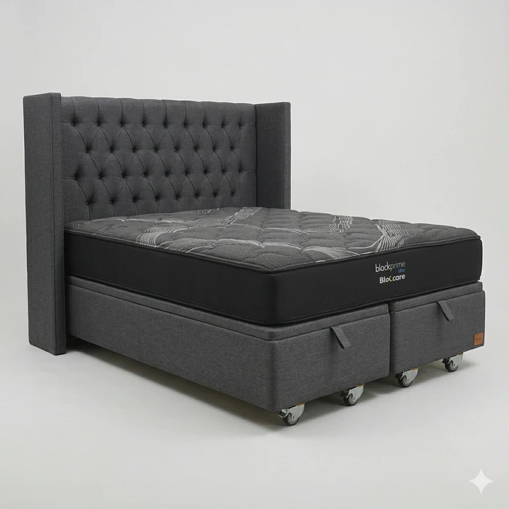 Cama Baul 2 Plazas - Colchon black prime + Respaldo CAPITONNE PREMIUM / Ruedas 13