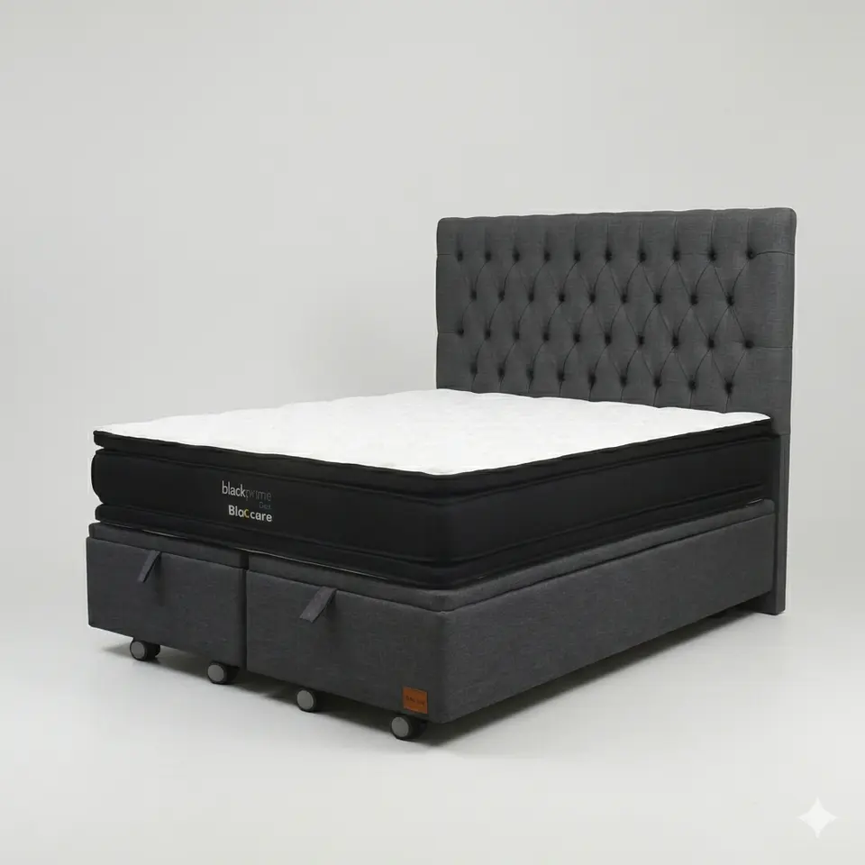Cama Baul 2 Plazas - Colchon black prime + Respaldo CAPITONNE PREMIUM / Ruedas 15