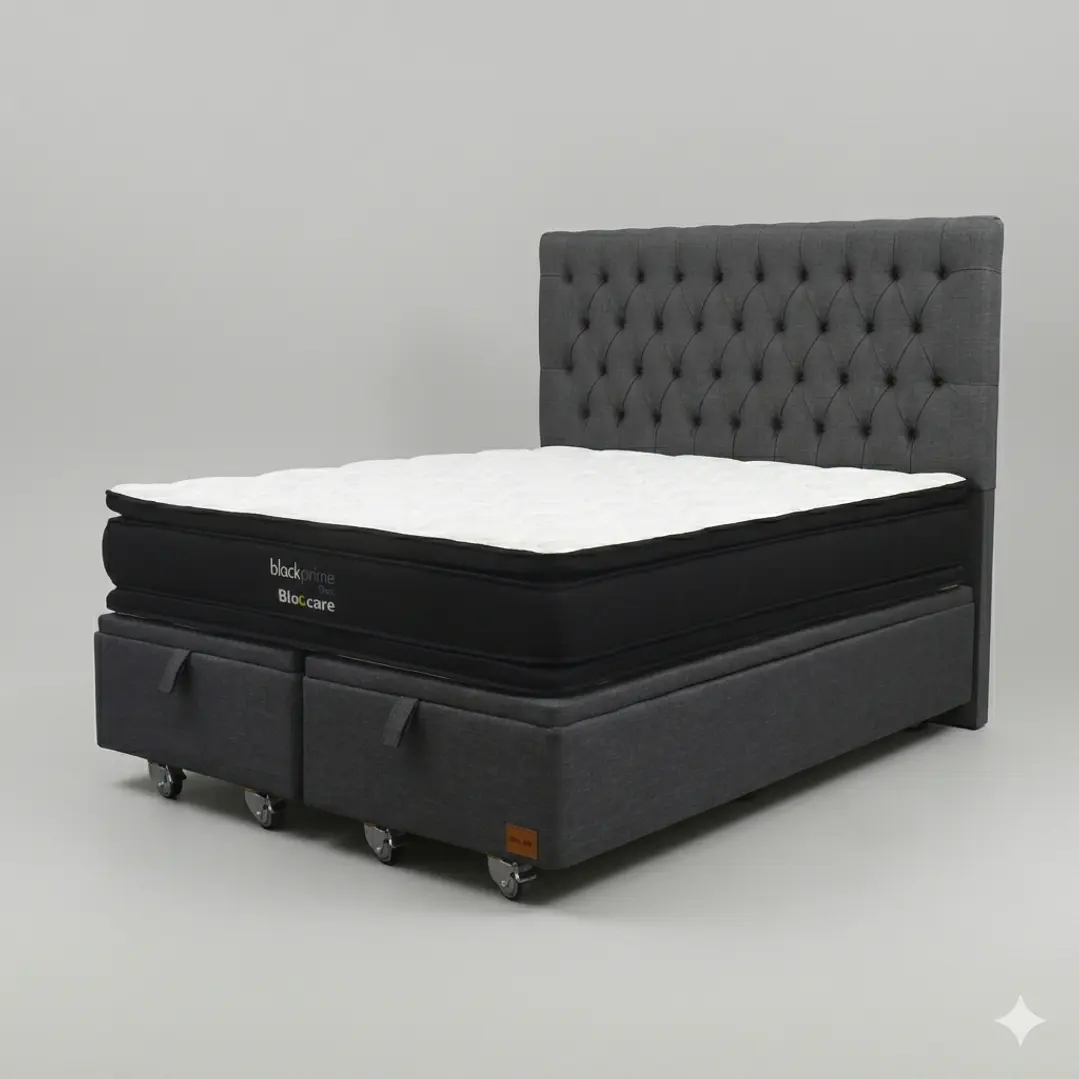 Cama Baul 2 Plazas - Colchon black prime + Respaldo CAPITONNE PREMIUM / Ruedas 19