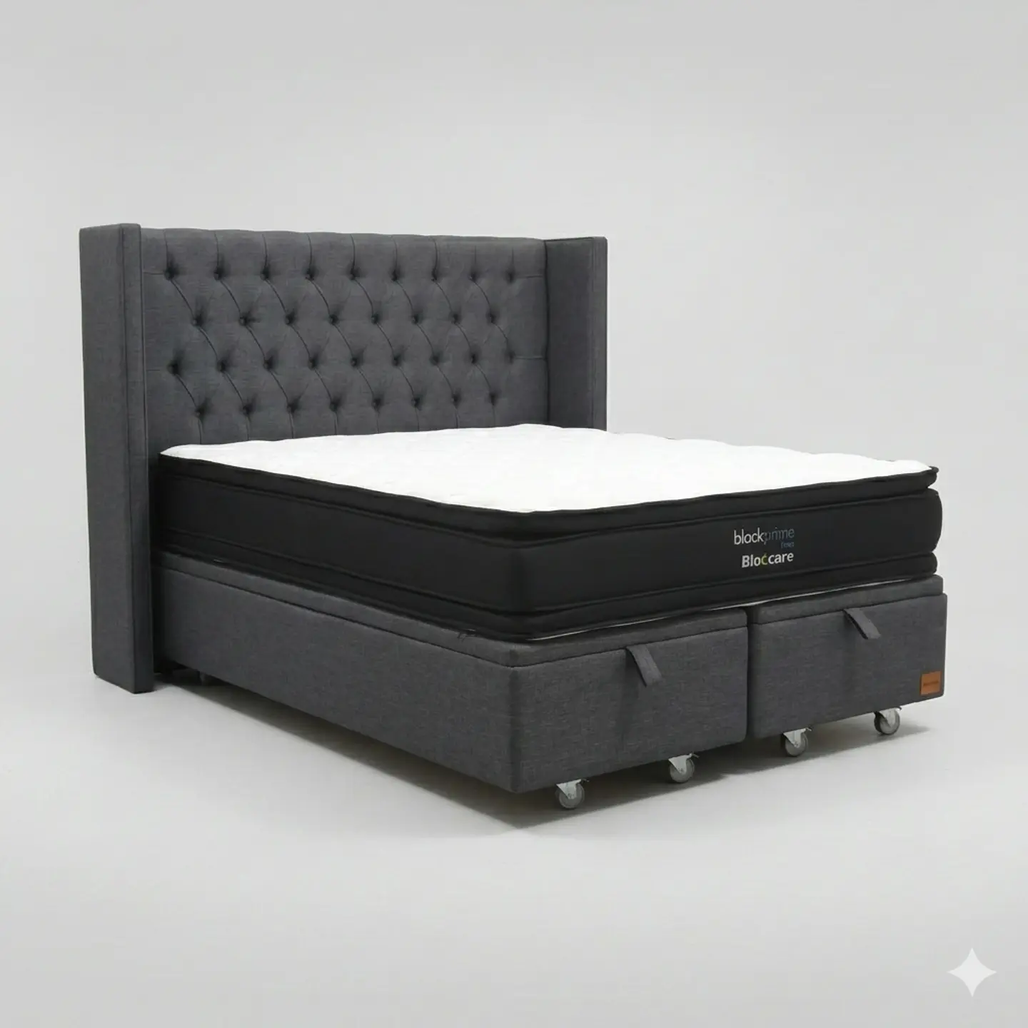 Cama Baul 2 Plazas - Colchon black prime + Respaldo CAPITONNE PREMIUM / Ruedas 23
