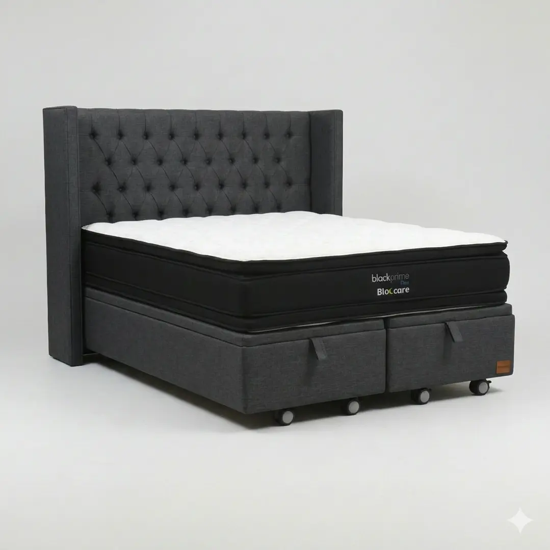 Cama Baul 2 Plazas - Colchon black prime + Respaldo CAPITONNE PREMIUM / Ruedas 21
