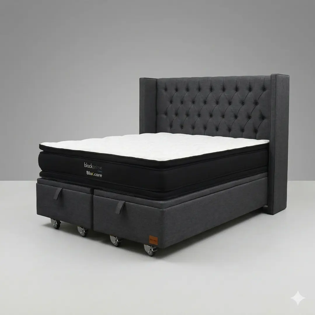 Cama Baul 2 Plazas - Colchon black prime + Respaldo CAPITONNE PREMIUM / Ruedas 25