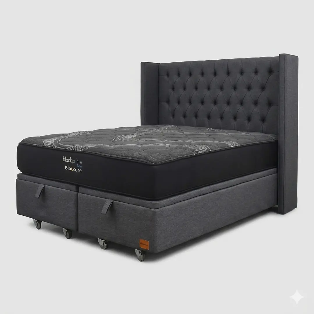 Cama Baul King - Colchon black prime + Respaldo CAPITONNE PREMIUM / Ruedas 11