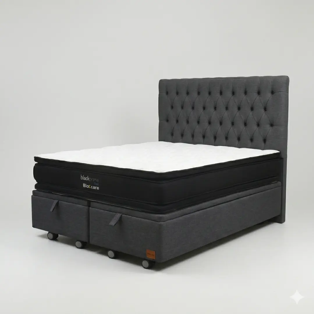 Cama Baul King - Colchon black prime + Respaldo CAPITONNE PREMIUM / Ruedas 15