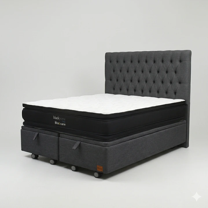 Cama Baul King - Colchon black prime + Respaldo CAPITONNE PREMIUM / Ruedas 15